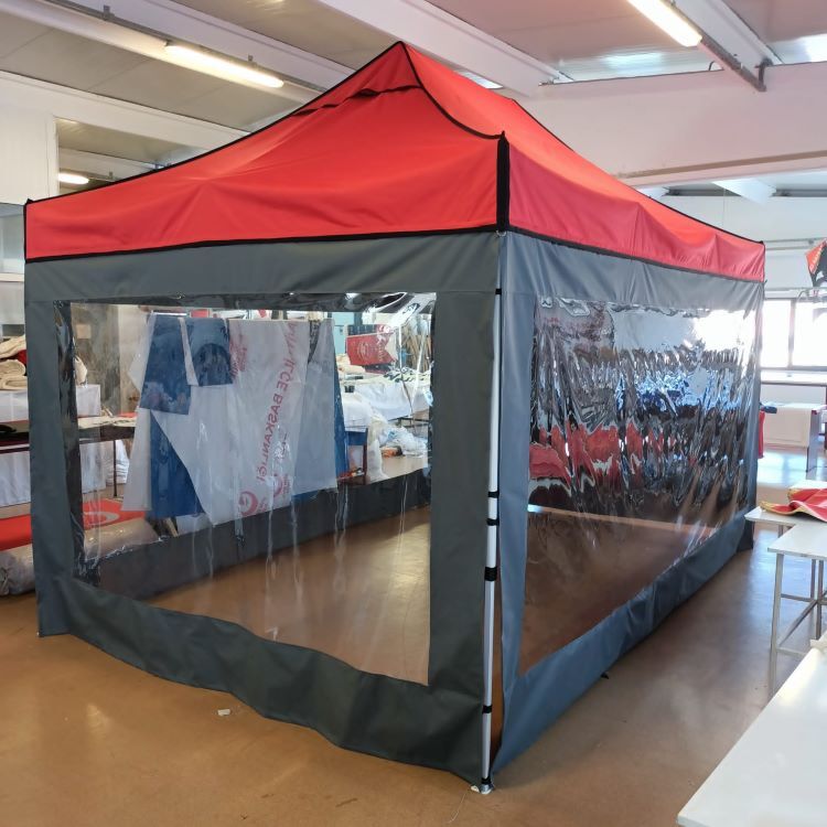 Portatif Katlanır Çadır (Şeffaf Gri Kırmızı) 3x4,5 m.